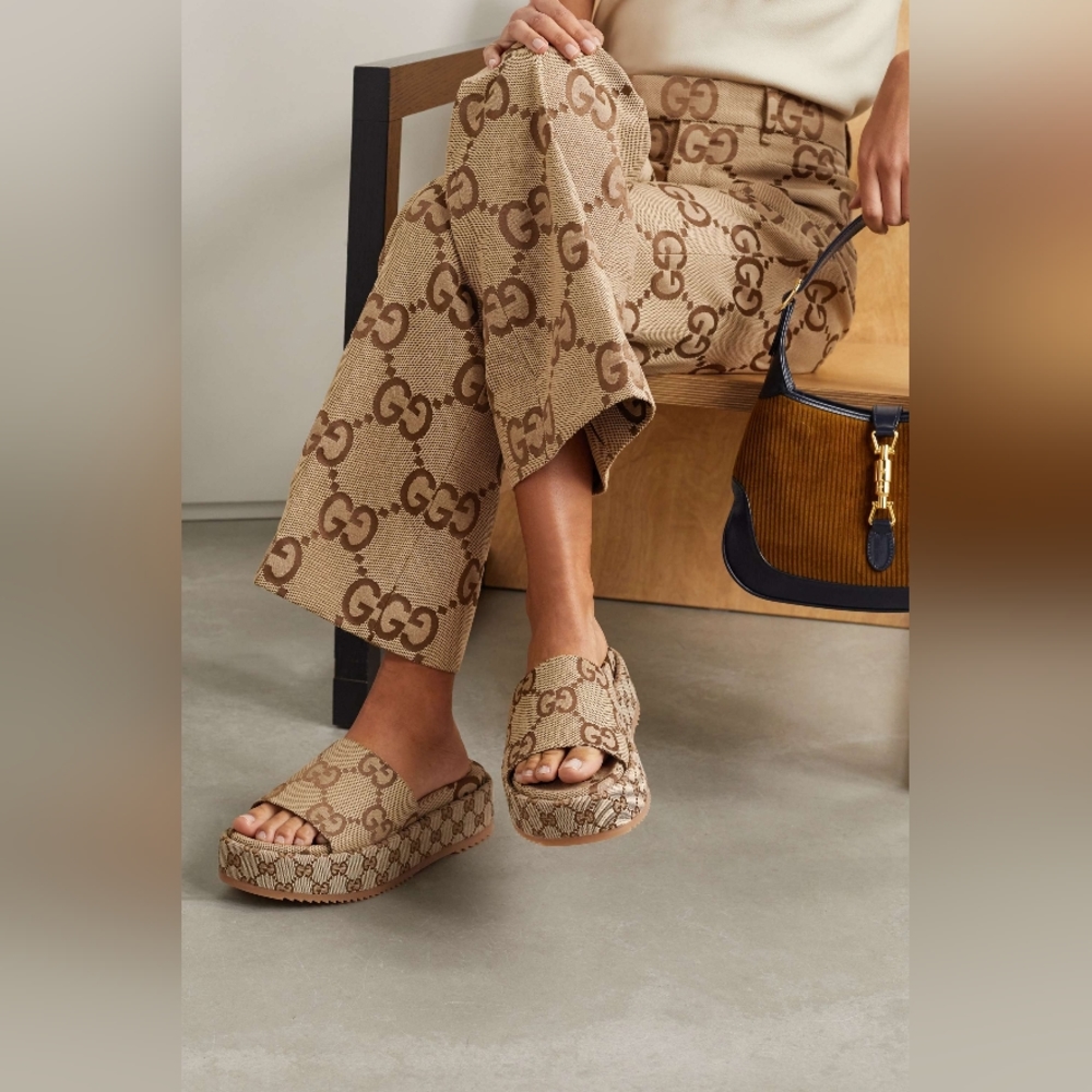 Gucci Beige Brown GG Logo Platform Slide Sandals